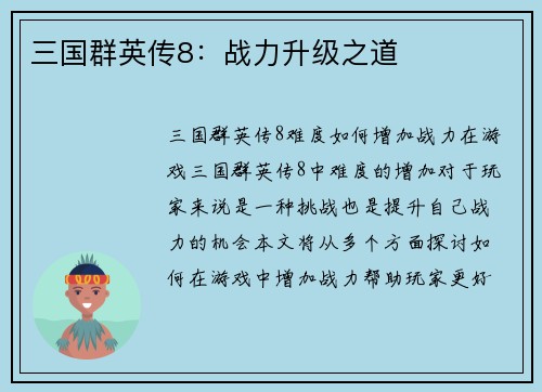 三国群英传8：战力升级之道